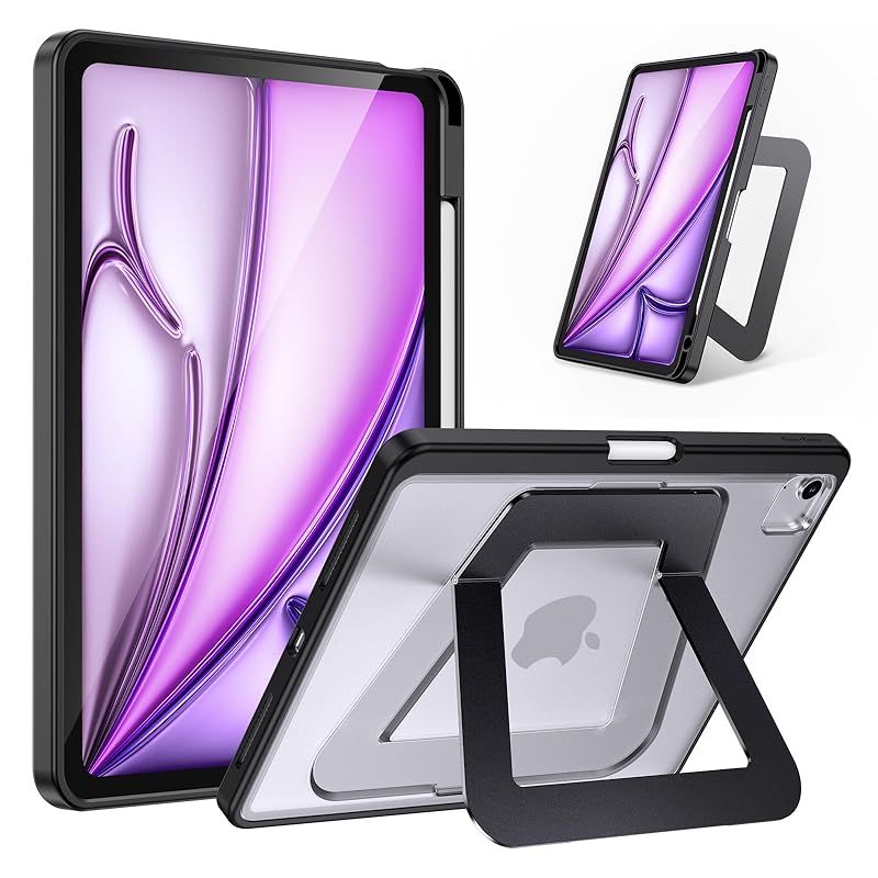 【新品】 【米軍MIL規格・縦置き/横置きスタンド】iPad Air 13インチ ケース M4（2026）・M3（2025）・M2（2024）対応 アルミ調節式 縦横スタンド ペンシルホルダー付き 薄型 軽量 耐衝撃 半透明カバー (ブラック)