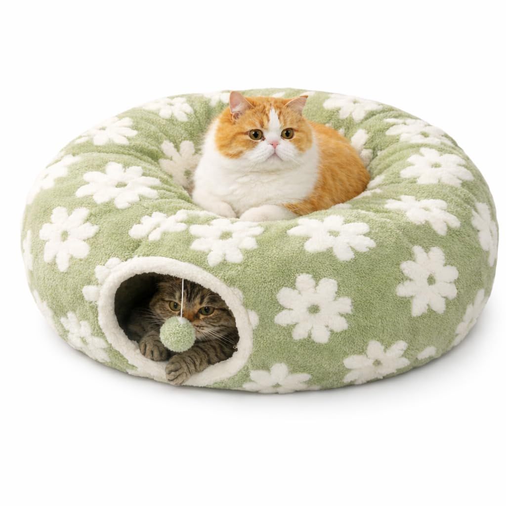 猫トンネルベッド キャットトンネル 猫用ベッド おもちゃ かわいいドーナツ型 クッション付き 取り外し可 洗える 折りたたみ 収納便利 多機能 運動不足対策 遊び 休憩 猫 小型犬 うさぎ 対応 85×85×25cm(グリーン)