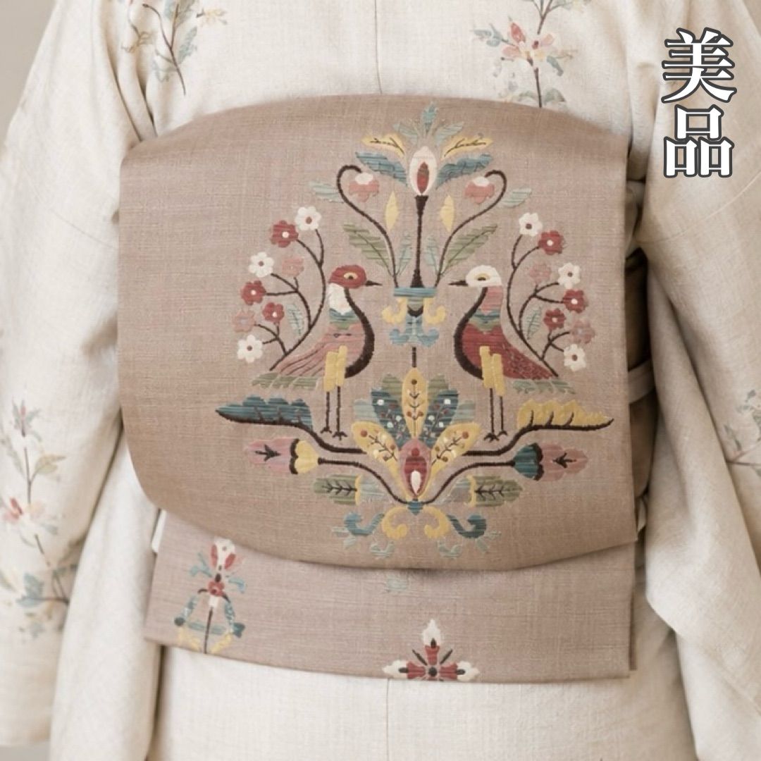 #J835 美品 袋帯 六通 綴織 本帯 欧風 向かい鳥 正絹 灰桜色 和装 和服