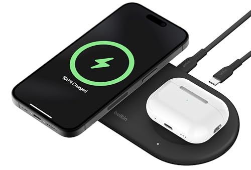 Belkin 2 in 1 ワイヤレス充電器 Qi2公式認証/MagSafe対応 iPhone17,16?12/スマートフォン(最大15W高速充電) AirPods/ワイヤレス充電対応イヤホン(5W充電) USB-Cケーブル付属(1.5m) 3550c6a6