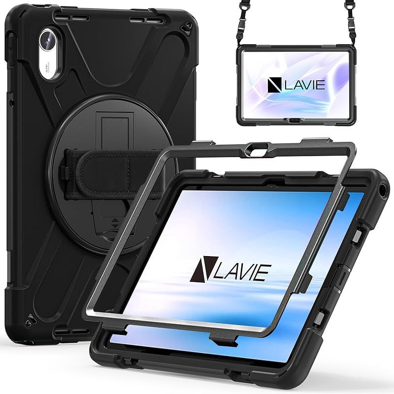 【新品】 Doo対応 NEC LAVIE Tab T11N PC-T1175LAS用 ケース LAVIE Tab 11QHD3 11インチ用 タブレットカバー 耐衝撃 米軍MIL資格 横置き 縦置き 360度回転スタンド 調節可能ハンドストラップと肩掛けー付き