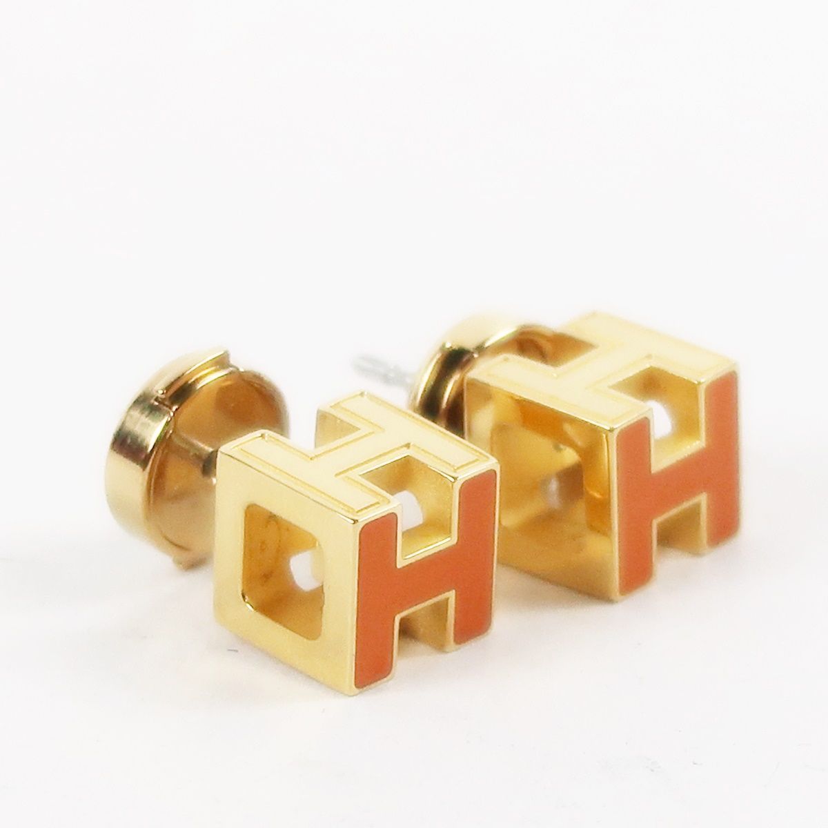 超美品】HERMES エルメス Hキューブ オレンジ×ゴールド ピアス