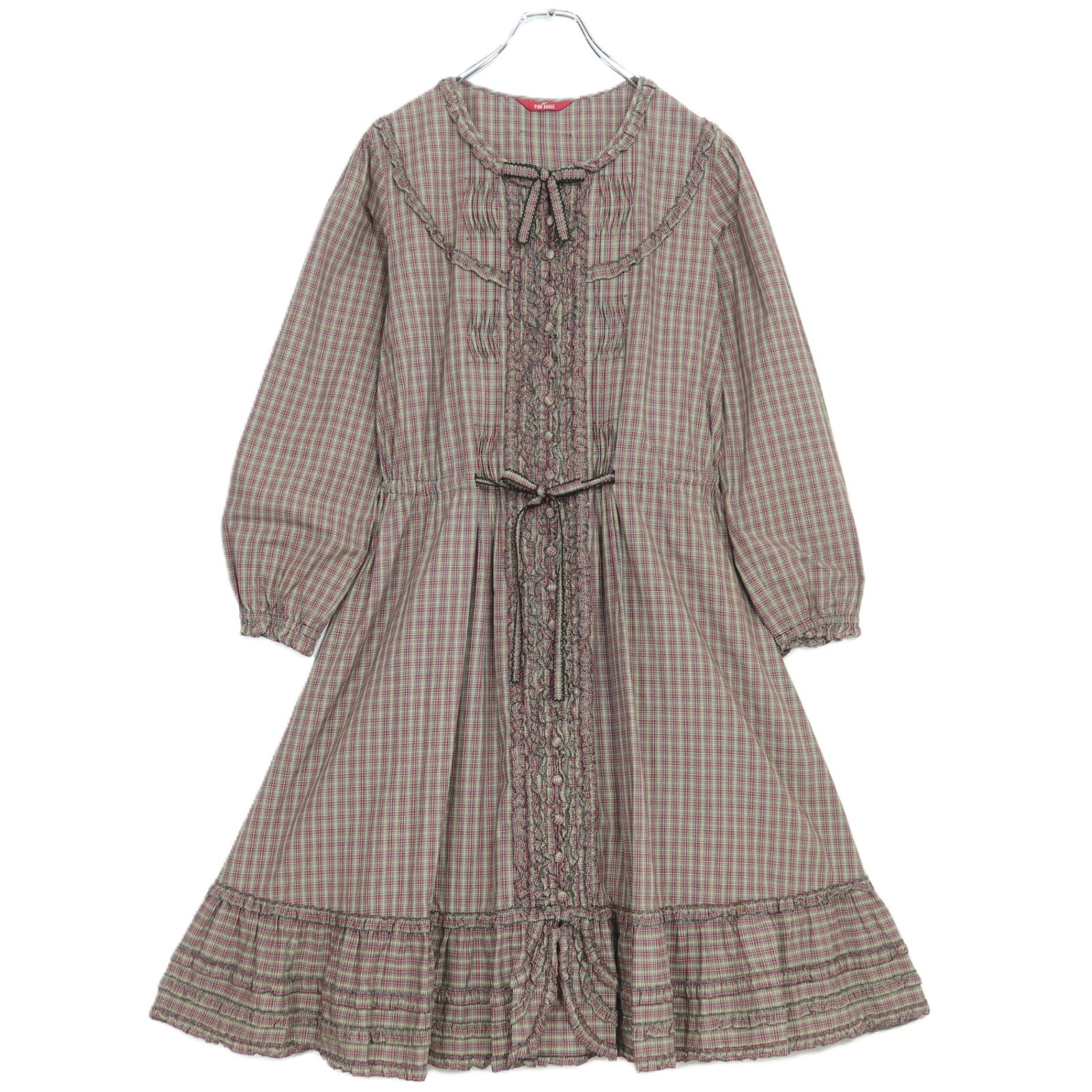 【美品】ピンクハウス★オリチェptフリル使い♪長袖ワンピース ブラウン系 前開き 薄手 z20249