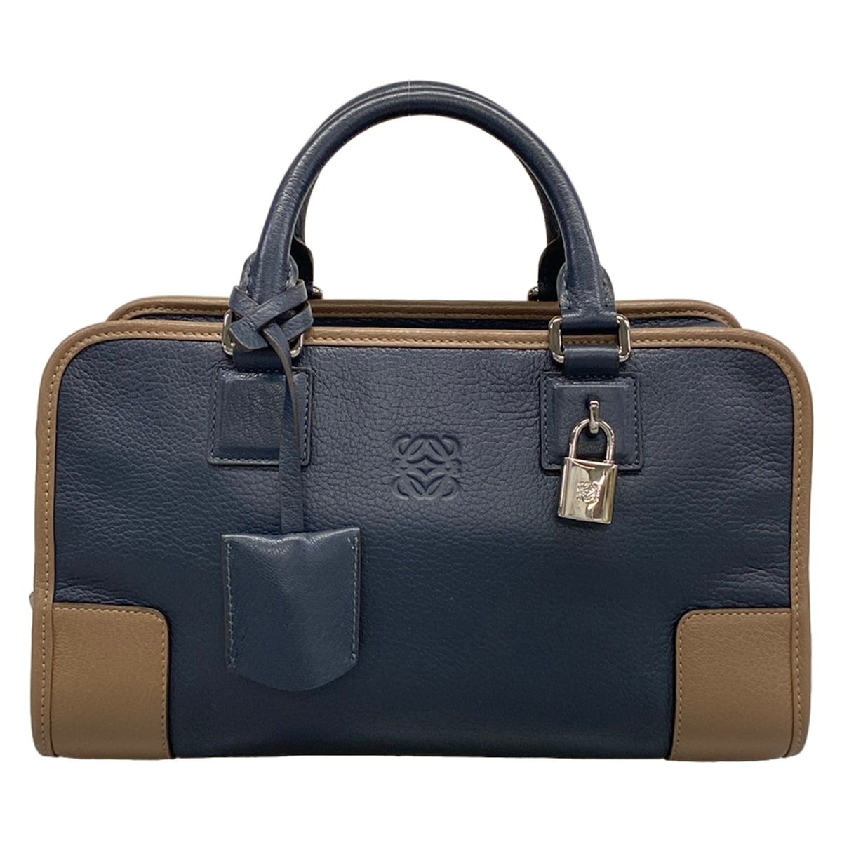 LOEWE(ロエベ) ハンドバッグ美品 アマソナ28 ネイビー×ベージュ イニシャル刻印
