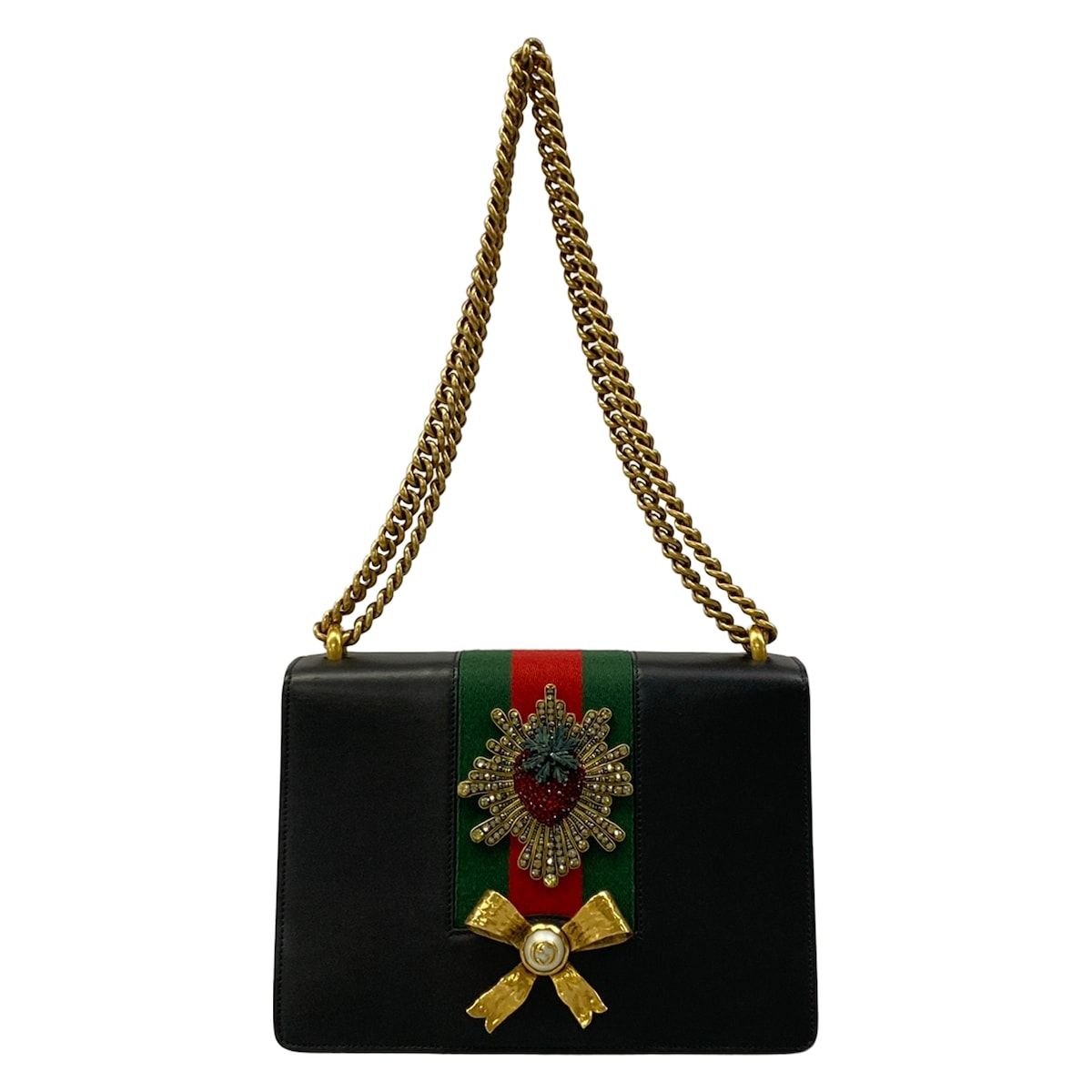 GUCCI(グッチ) ショルダーバッグ美品 ピオニー 432280 黒 ストロベリー/ビジュー レザー