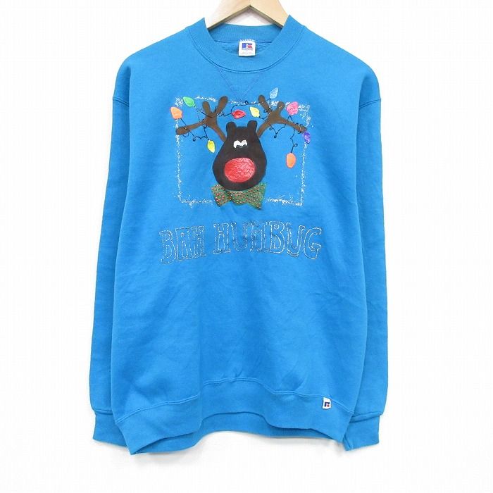 M/古着 ラッセル 長袖 スウェット メンズ 80年代 80s トナカイ ロング丈 クルーネック USA製 青【spe】 26apr24