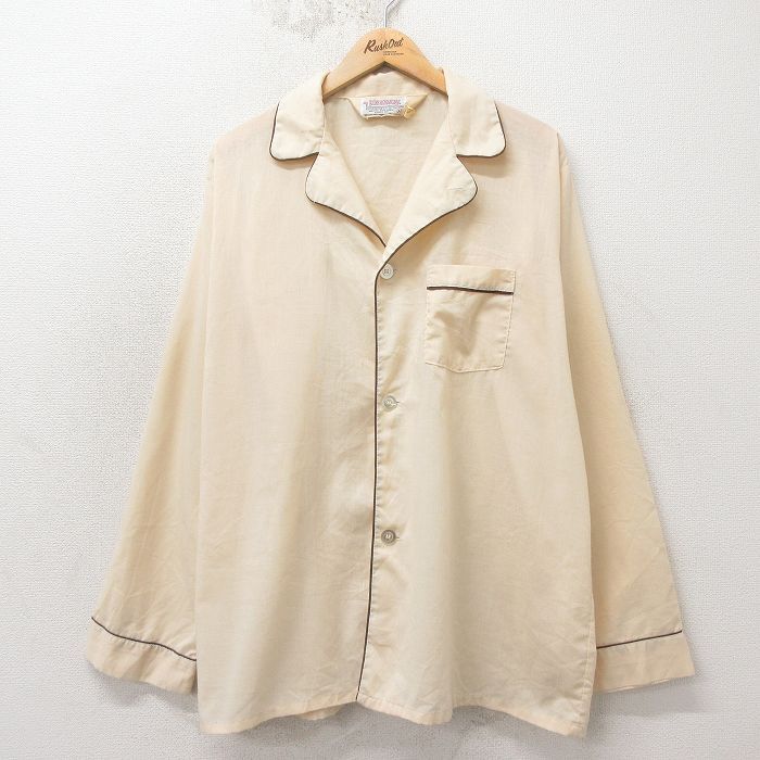XL/古着 長袖 パジャマ シャツ メンズ 80年代 80s 開襟 オープンカラー 薄ベージュ他 26apr24