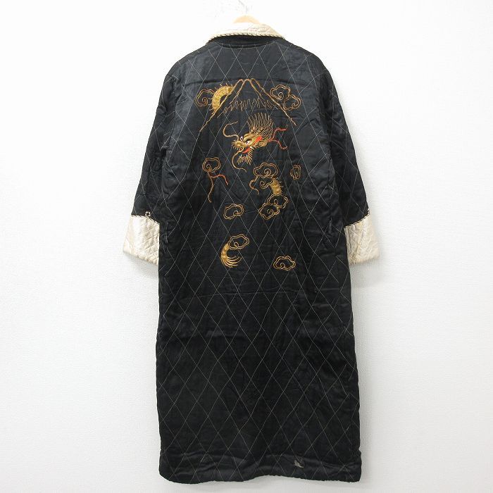 L/古着 長袖 ビンテージ ガウン 羽織り 60年代 60s ドラゴン 龍 ロング丈 黒他【spe】 26apr24
