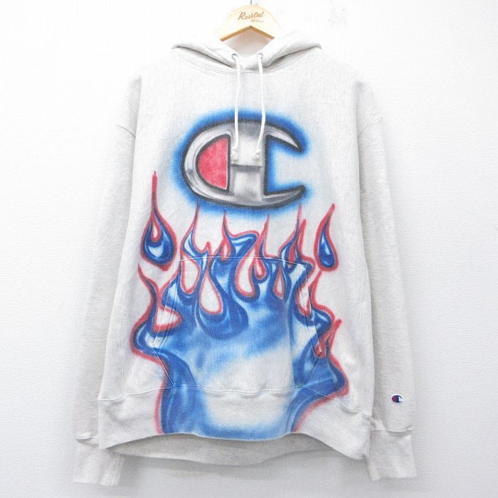 XL/古着 長袖 チャンピオン Champion リバースウィーブ パーカー メンズ ビッグロゴ ファイヤーパターン ハンドペイント エアブラシ 大きいサイズ 薄グレー 霜降り他【spe】 26apr24
