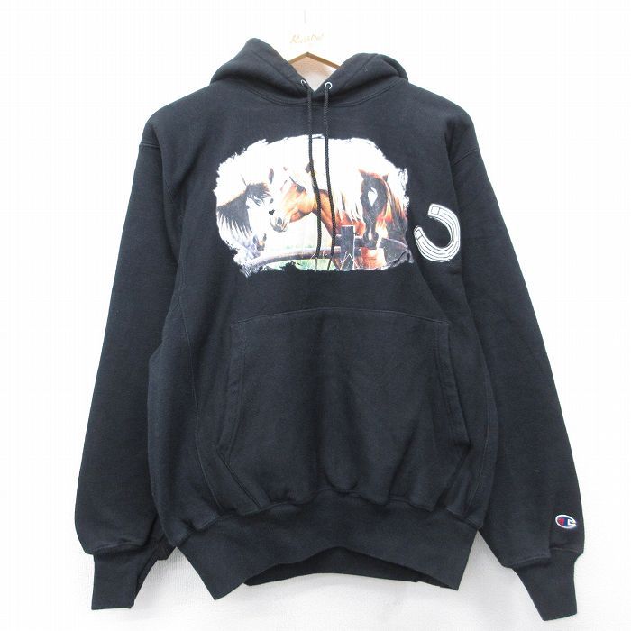L/古着 長袖 チャンピオン Champion リバースウィーブ パーカー メンズ 00年代 00s 馬 黒 26apr24
