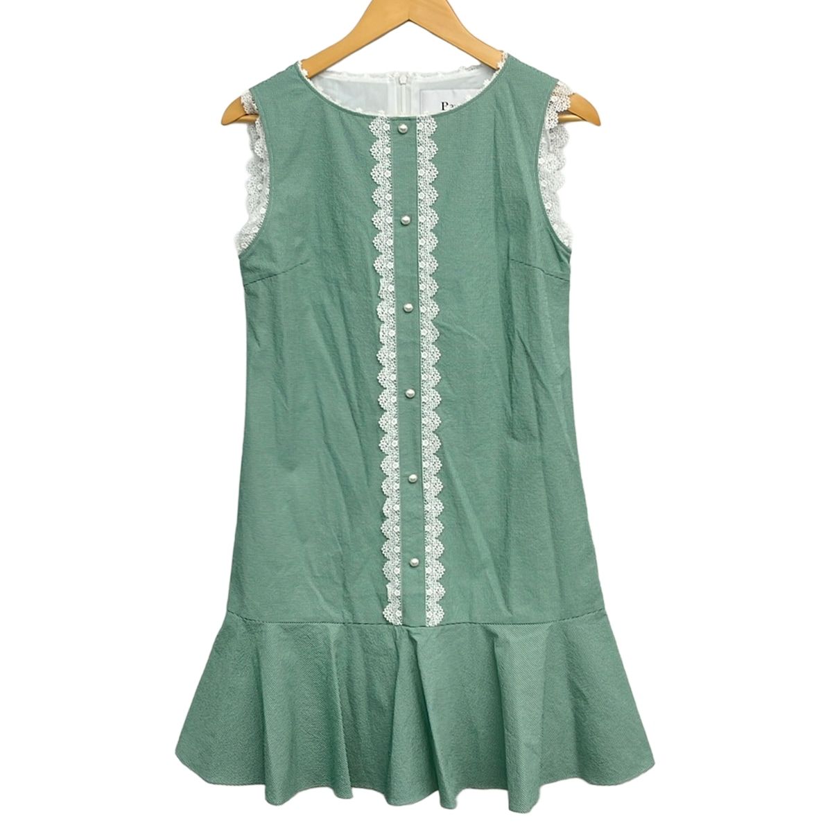 Rene(ルネ) ワンピース サイズ34 S レディース美品 - 白×グリーン チェック柄/レース/ノースリーブ