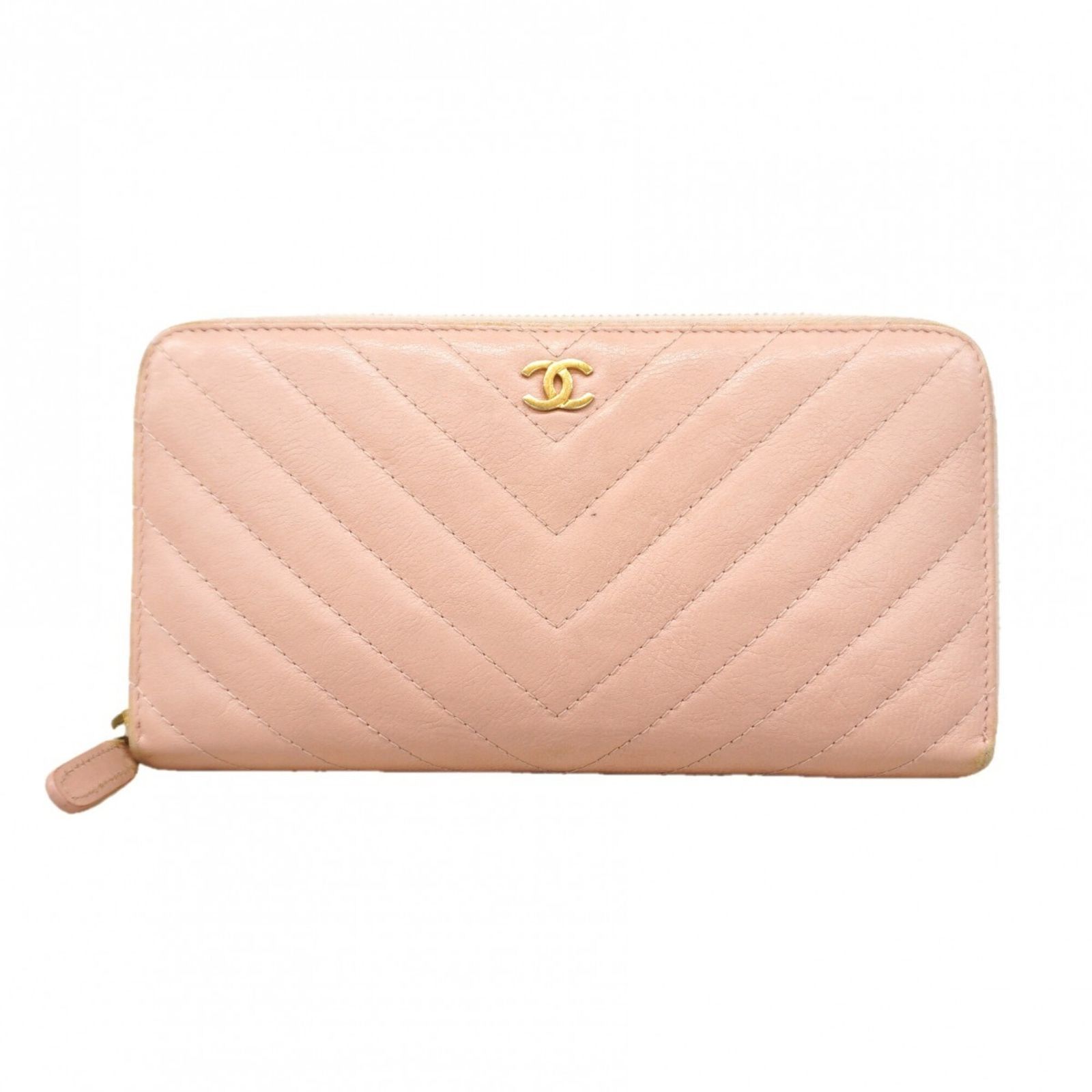 シャネル(Chanel) シャネル 長財布 Vステッチ ラムスキン ピンク シャンパンレディース