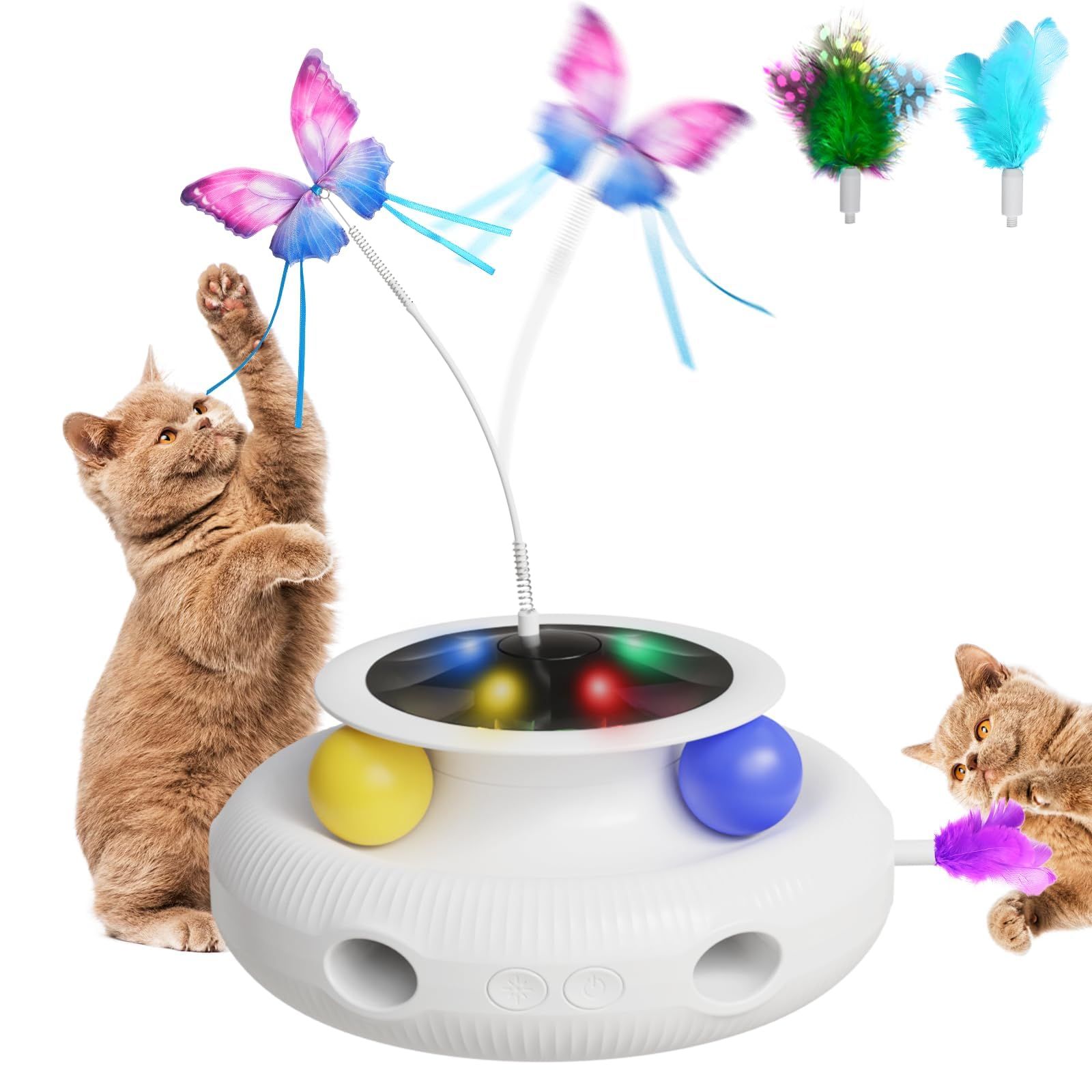 【最新型】NUYIERA 猫 玩具 一人遊び 猫 おもちゃ 4in1猫じゃらし 【蝶々回転/猫ボール/羽根飛び出し/LEDライト付き】 電動 自動 猫用 ねこ 知育玩具 ランキング 人気 飽きない 天然素材 室内 寂しさ解消 ストレス解消 運動不足対策(本体）