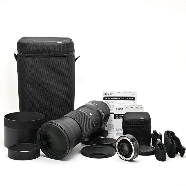 <美品> SIGMA 150-600mm F5-6.3 DG OS HSM Contemporary テレコンバーターキット キヤノンEF用|超望遠ズームレンズ|動作良好|外観非常に綺麗|光学良好|付属品完備