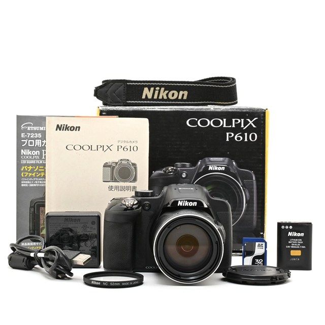 ＜良品＞ Nikon COOLPIX P610｜高倍率ズームデジタルカメラ｜動作良好｜実用品｜グリップ部に修正跡あり｜元箱付き｜32GBメモリーカード・レンズフィルター付属