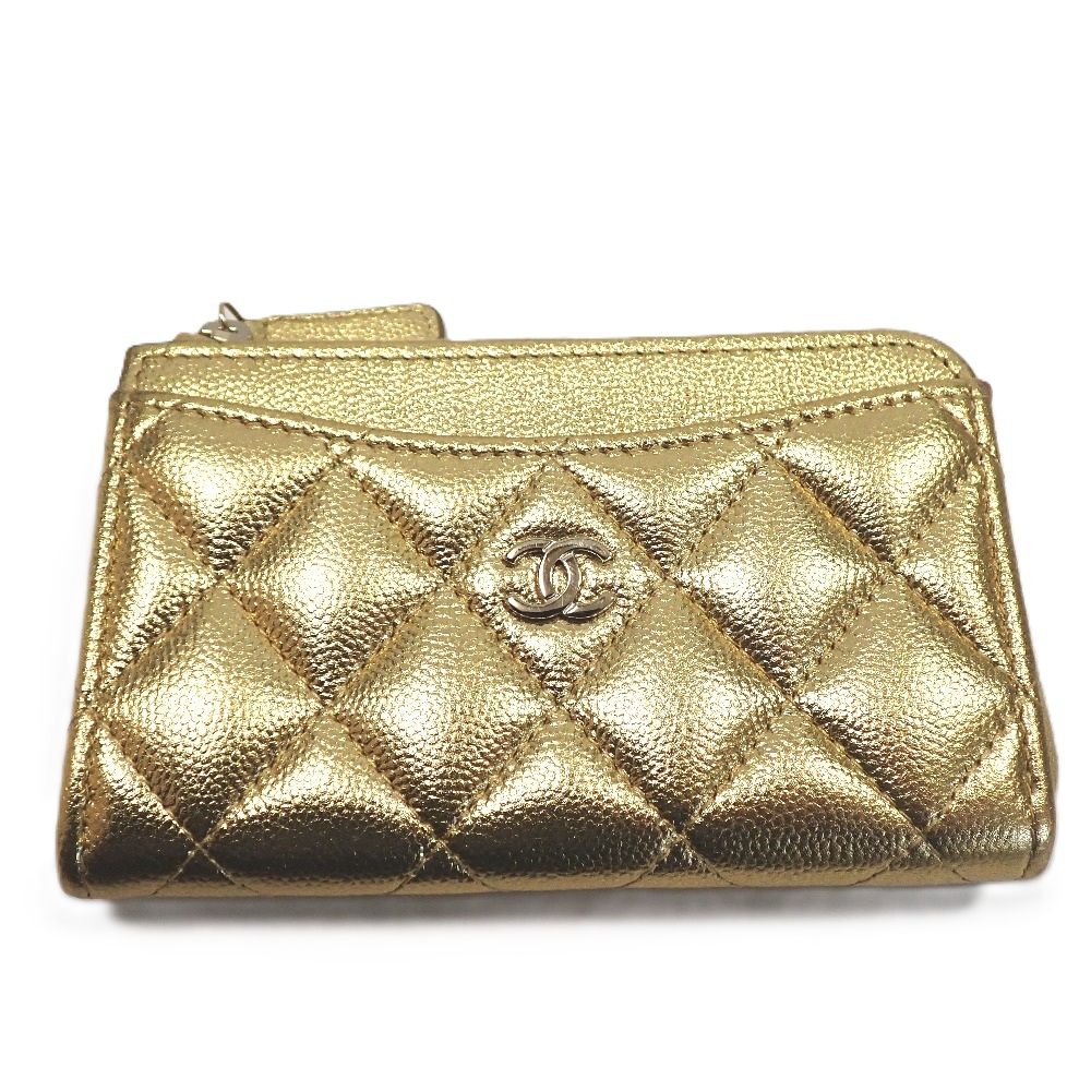 Th1013641 シャネル クラシック ジップ カードケース AP3179 キャビアスキン ゴールド系 コインケース L字ファスナー CHANEL 中古