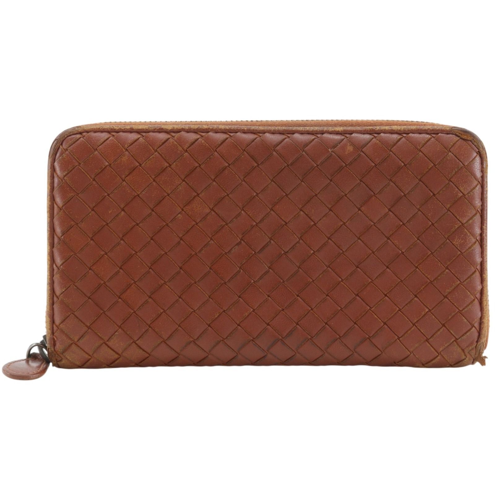 【BOTTEGAVENETA】ボッテガヴェネタ ラウンドファスナー イントレチャート レザー 茶 ユニセックス 長財布