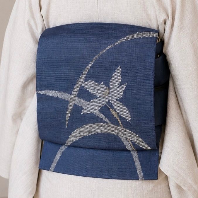 #J840 袋帯 お太鼓柄 羅 夏帯 金銀糸 草花 正絹 瑠璃紺色 和装 和服