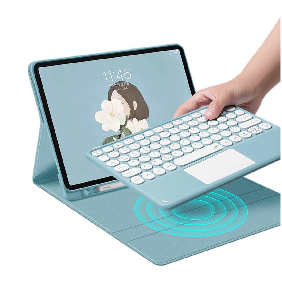 新品 タッチパッド付き iPad 10.2インチ第7/8/9世代用のキーボード ケース 丸いキー カラフル マグネット 分離式 Bluetooth キーボード ペンホルダー マウス機能 ビジネス 手帳型 薄型 (ブルー)