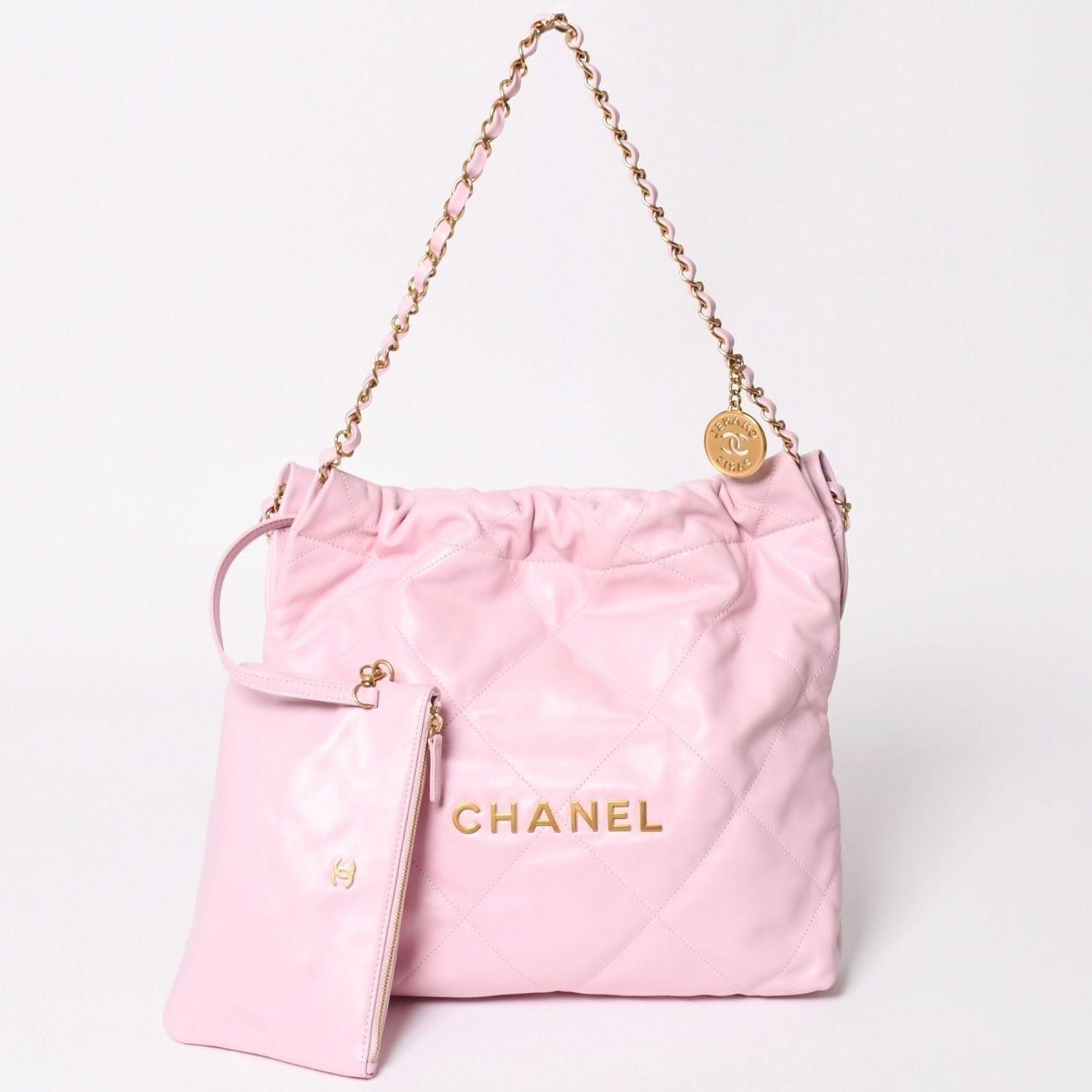新品同様 CHANEL シャネル 22 ハンドバッグ ショルダーバッグ ランダム番台 シャイニーカーフスキン ピンク 桜色 シルバー金具 中古 4a002769