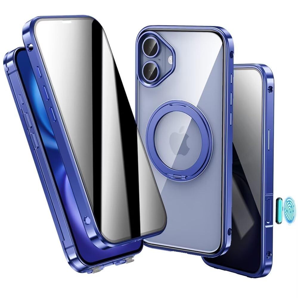 新品 カメラコントロールボタン 覗見防止 360°回転スタンド スタンド機能 iPhone 16 Plus 用 ケース ロック機能 MagSafe対応 ワイヤレス充電対応 アルミバンパー リング付き 両面ケース 強化ガラス アイフォン16plus スマホケース