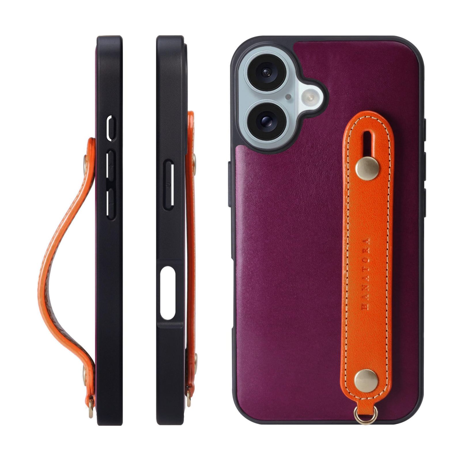新品 HANATORA for iPhone 16Plus ケース 本革 耐衝撃 背面ベルト ストラップリング スマホケース スマホ スタンド機能 ネックストラップ 付き イタリアンレザー ギフト マグネットなし パープル+オレンジ TGH-16Plus-Pu