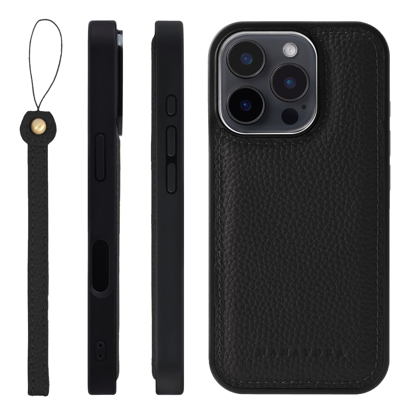 新品 HANATORA for iPhone 16ProMax ケース MagSafe 対応 本革 耐衝撃 バンパー型 スマホケース スマホ ストラップ 付き シュリンクレザー ギフト マグセーフ対応 ブラック SMSGZ-16ProMax-Black