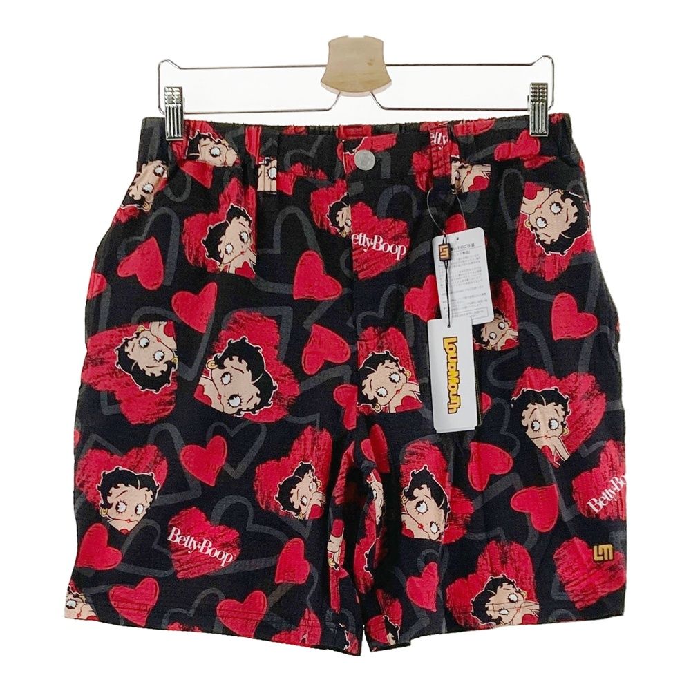 サイズ：M LOUD MOUTH ラウドマウス ×Betty Boop 2026年モデル ハーフパンツ サッカー地 スクリブルハーツベティー 総柄 ブラック系 [240101687232] ゴルフウェア メンズ ストスト