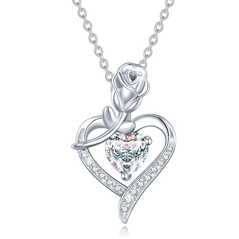 [AGVANA] ネックレス レディース AAAAA級 ジルコニア 4月 誕生石 薔薇 ローズ モチーフ ハートネックレス シルバー お守り ジュエリー アクセサリー 誕生日 記念日 プレゼント ラッピング用品付き