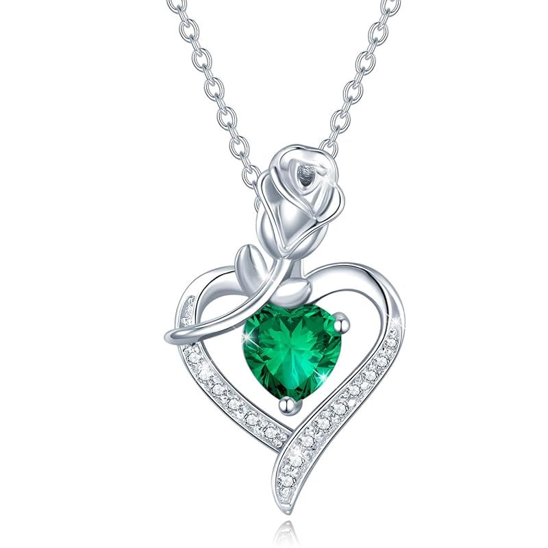 [AGVANA] ネックレス レディース エメラルド 5月 誕生石 薔薇 ローズ モチーフ ハートネックレス シルバー 925 お守り ジュエリー アクセサリー 誕生日 記念日 プレゼント ラッピング用品付き