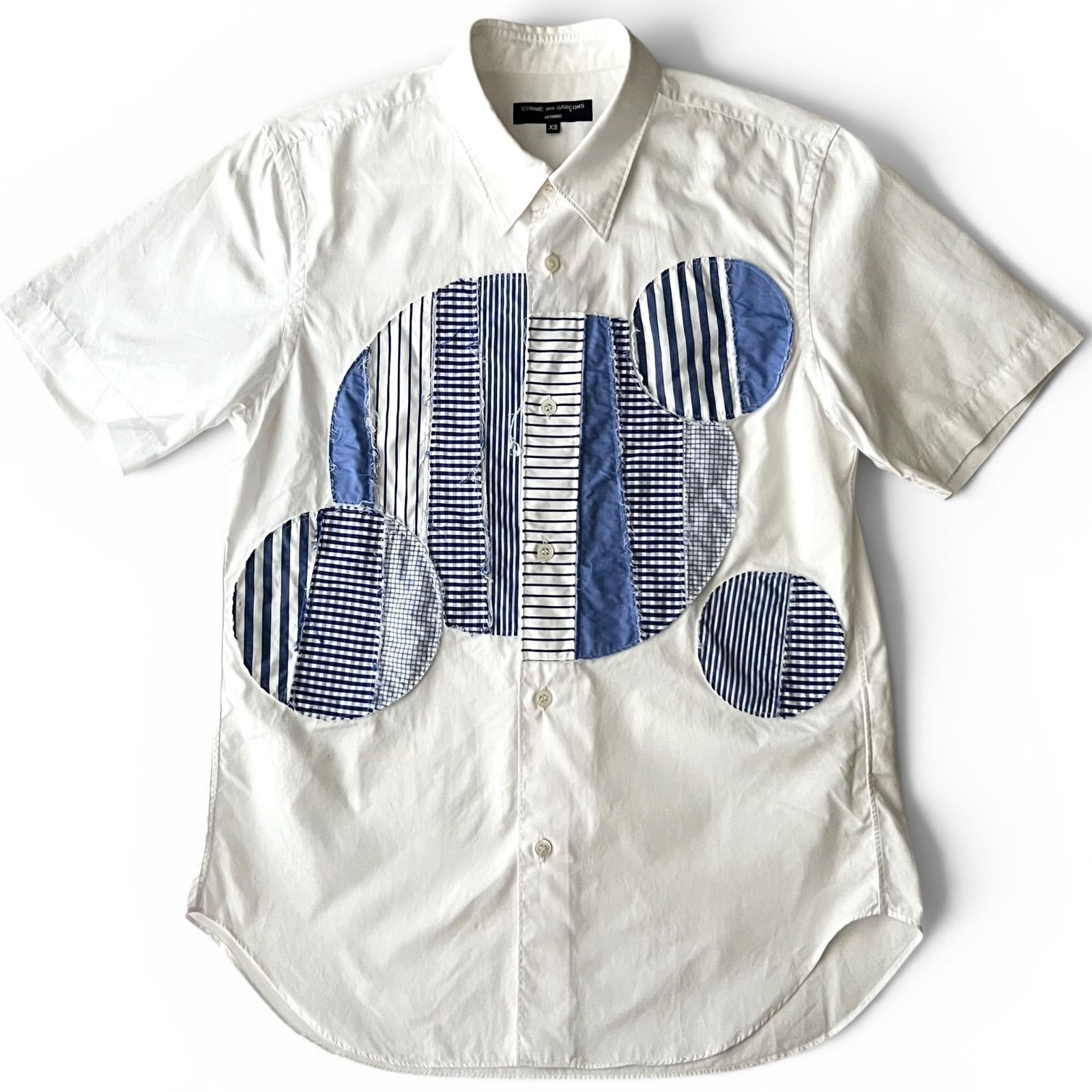 COMME des GARCONS HOMME（コムデギャルソンオム）半袖 シャツ 総柄 パッチワーク 白 ホワイト 青 ブルー XS 9,600円