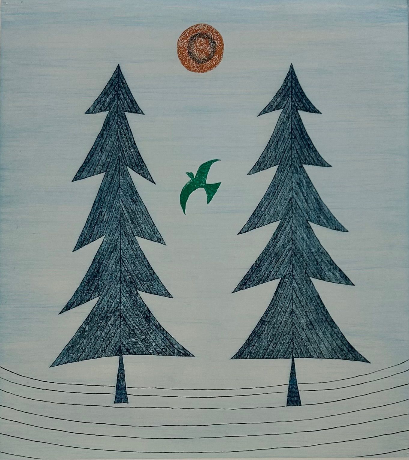 【真作】【シート】【マット付】 2本の木ととぶ鳥　南桂子　Minami Keiko　銅版画 作家直筆サイン　版画　限定版画　浜口陽三　みなみけいこ