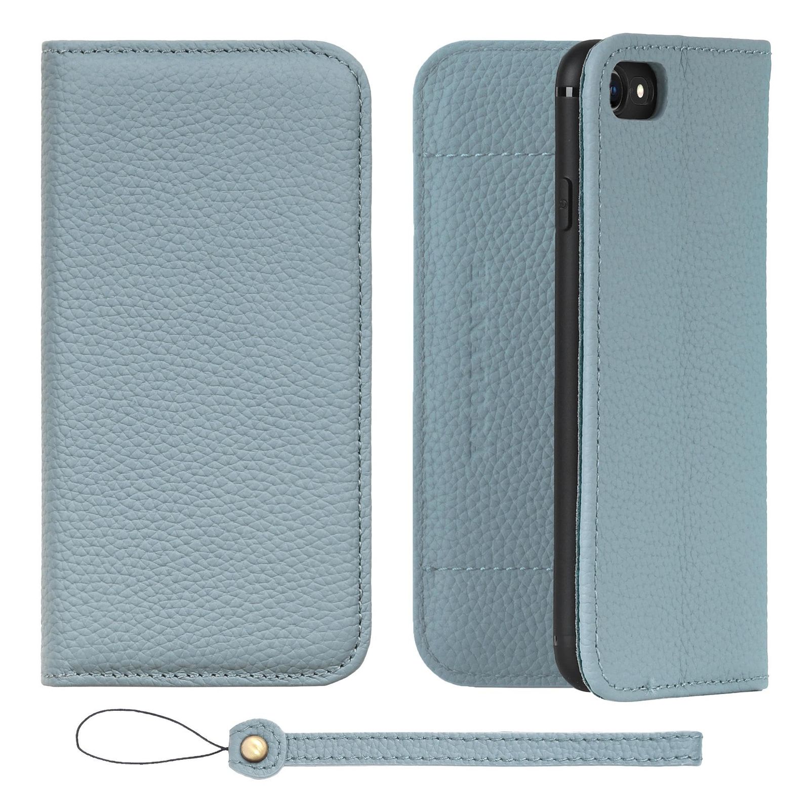 新品 HANATORA for iPhone 8 7 SE3 SE2 (第3世代 第2世代) ケース 手帳型 本革 スマホケース スマホ スタンド ストラップ 付き シュリンクカーフレザー ベルトなし マグネットなし ブルーグレー H1SPA-8SE-Blue