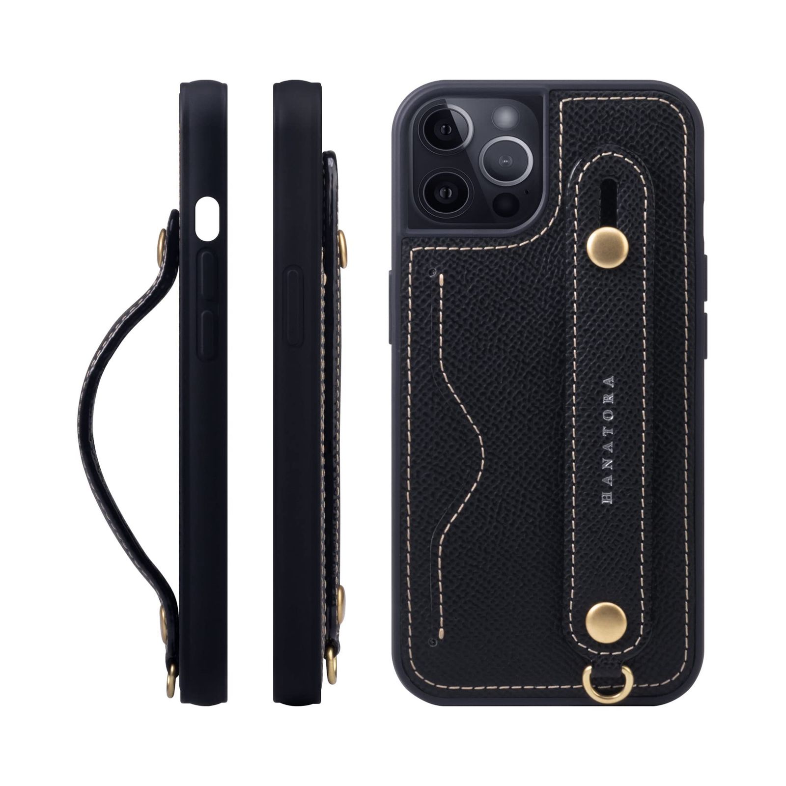 新品 HANATORA for iPhone 12 12Pro ケース 本革 耐衝撃 背面ベルト カードポケット スマホケース スマホ スタンド機能 ネック ストラップ 付き エンボスレザー ギフト マグネットなし ブラック NCGH-12Pro-Black