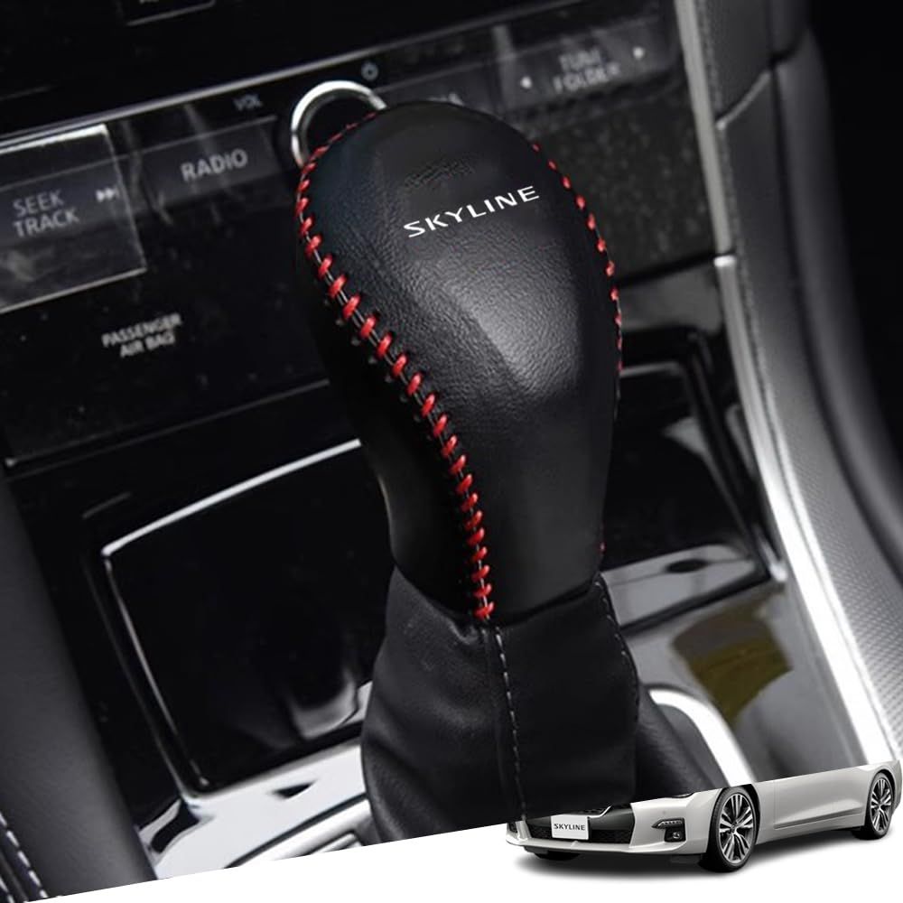 新品 Hearsheng 日産 スカイライン(SKYLINE) YV37 HNV37 HV37 RV37 V37系(2017年12月~)専用本革材質シフトノブカバー 内装カスタムパーツ アクセサリー爪キズ防止 取り付け簡単 車種専用設計(黒（赤ステッチ）)