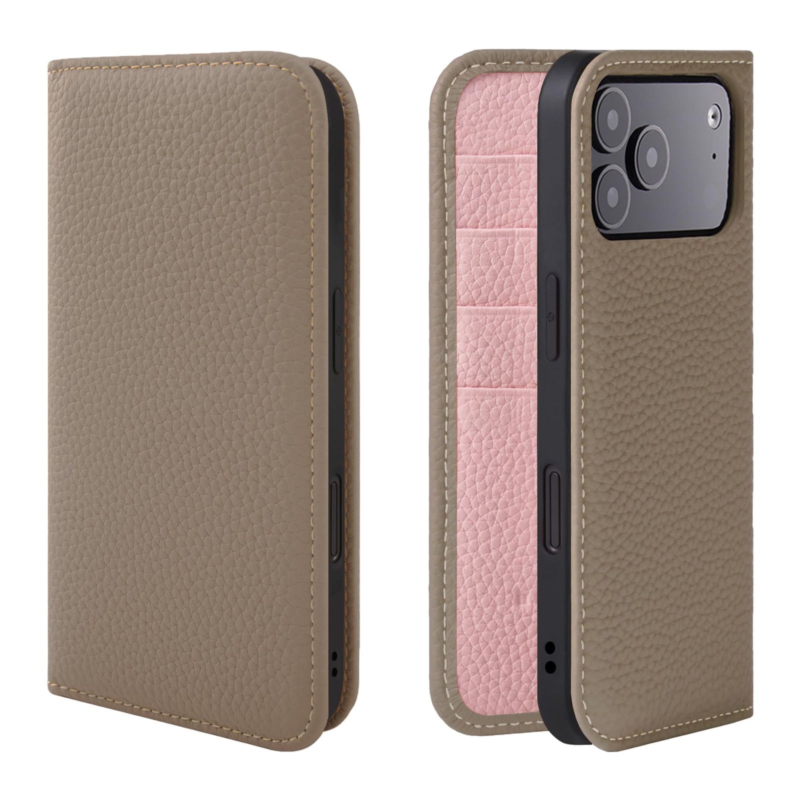 新品 HANATORA for iPhone 17ProMax ケース 手帳型 本革 スマホケース スマホ スタンド コードホルダー 付き シュリンクカーフレザー マグネットなし グレージュ + ピンク PH-17ProMax-Grege-PK ギフト 誕生日