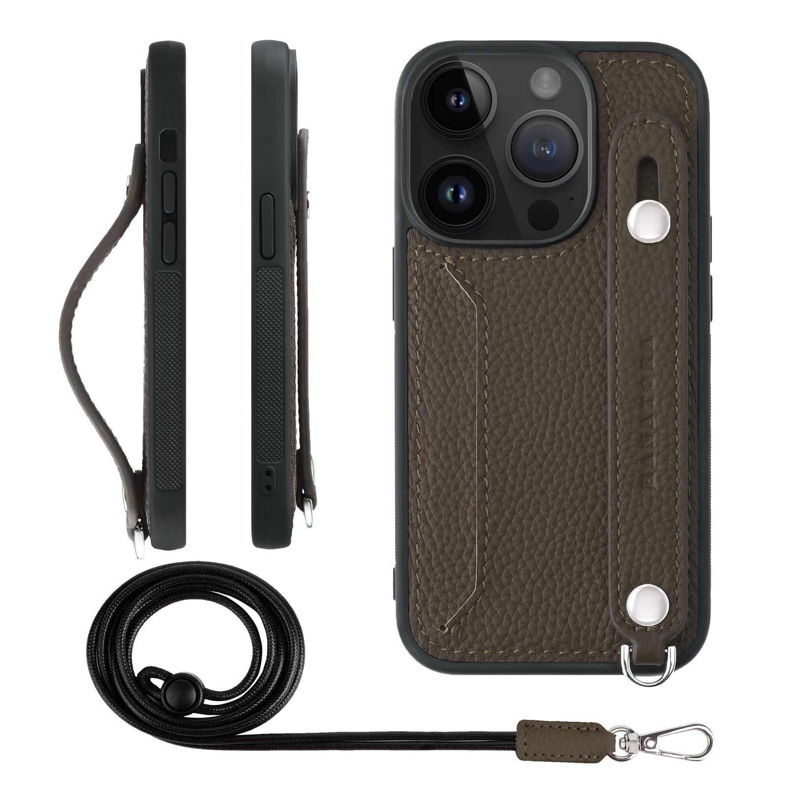 新品 HANATORA for iPhone 14Pro ケース 本革 耐衝撃 背面ベルト ストラップリング スマホケース スマホ スタンド機能 ネックストラップ 付き カードポケット シュリンクレザー ギフト トープ CGHGZ-14Pro-Taupe
