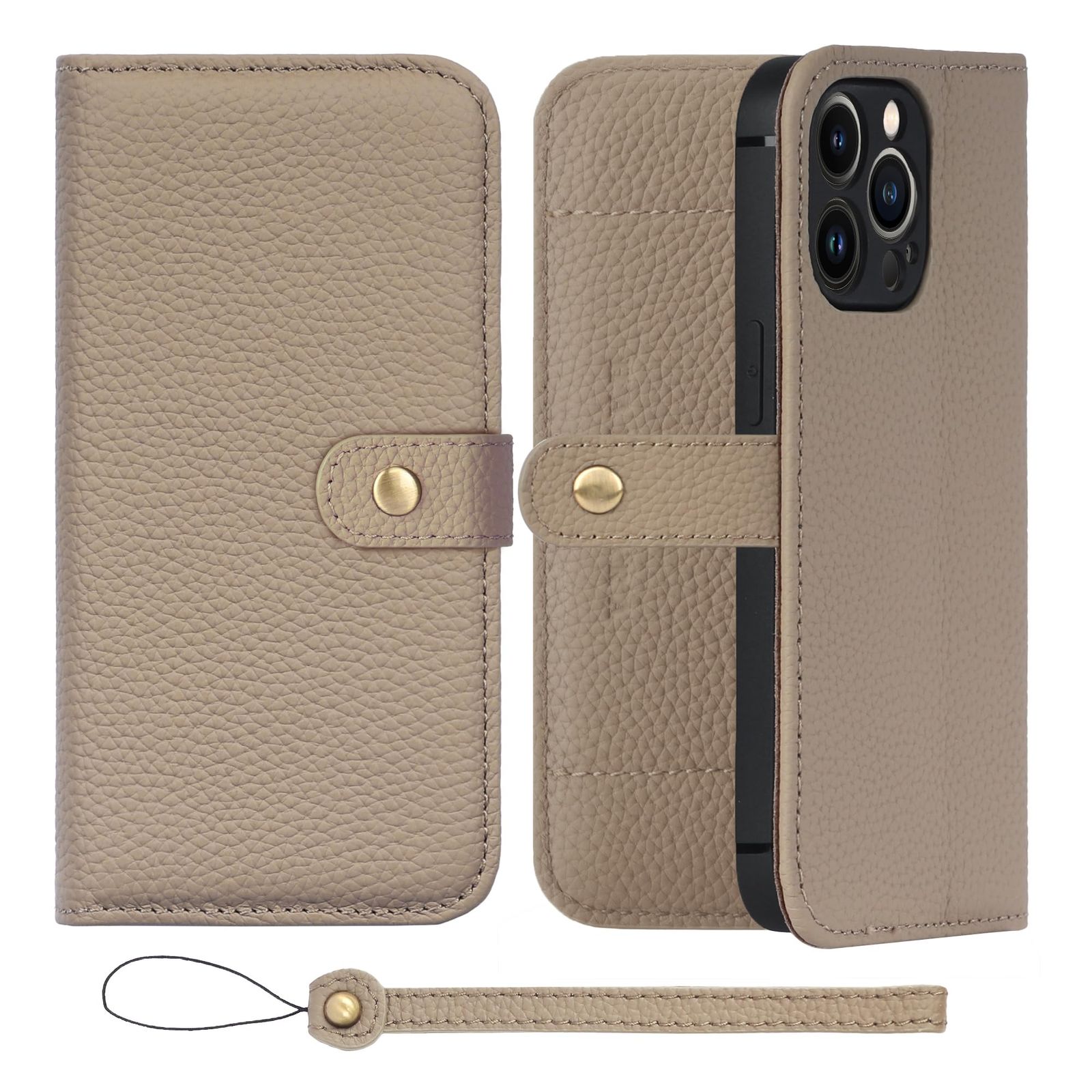 新品 HANATORA for iPhone 13Pro ケース 手帳型 本革 スマホケース スマホ スタンド ストラップ 付き シュリンクカーフレザー ベルトあり マグネットなし グレージュ H1SPB-13Pro-Grege ギフト 誕生日 女性 男性 彼