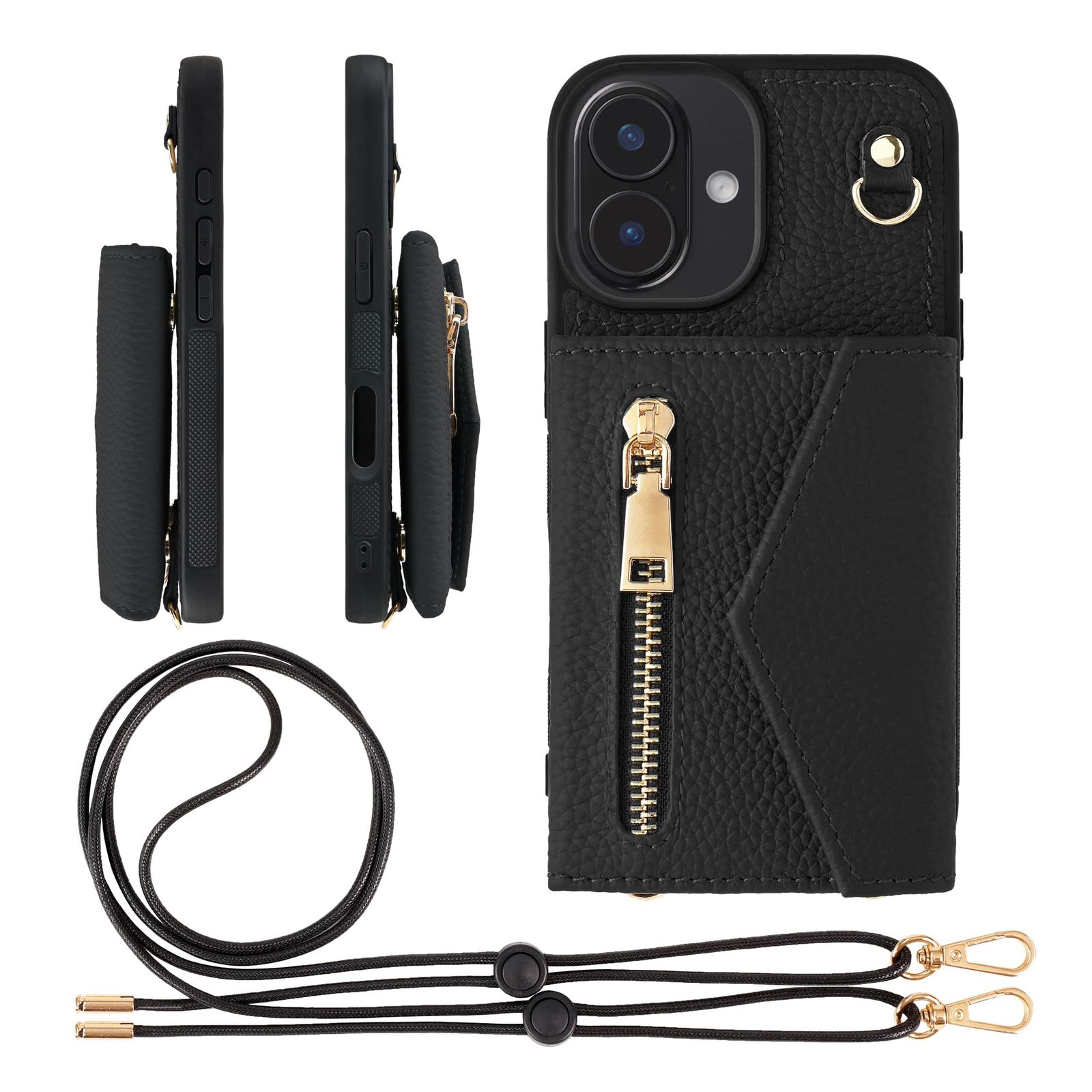 新品 HANATORA for iPhone 16 ケース ショルダー 本革 シュリンクレザー 耐衝撃 スマホケース スマホ ショルダーストラップ 付き ファスナー スマホショルダー カバー カードポケット カード収納 小銭入れ ブラック BPCGZ-16-B