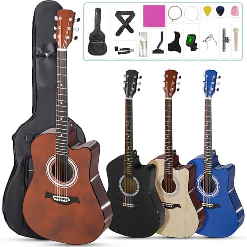 【新品】Moon River アコースティックギター 38インチ 17点セット 初心者入門用 持ち運び便利 ギターストラップ、ソフトギターバッグ、マニュアル（日本語）付き 学生 大人通用(ブラウン) c6d4dac3