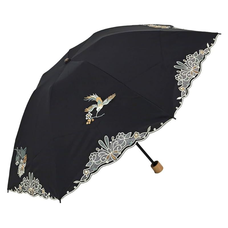 【新品】 [シノワズリーモダン]日傘 折りたたみ レディース１級遮光 UVカット 晴雨兼用 カットワーク刺繍 オーガンジー 3段折りたたみ 軽量 花鳥刺繍 (ブラック)