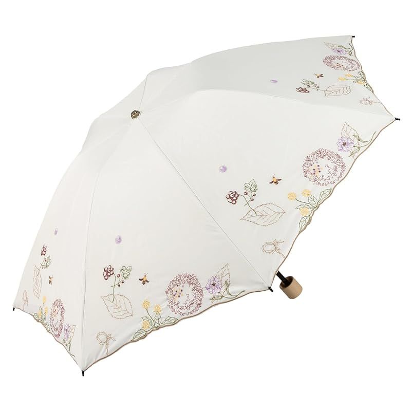 【新品】 [シノワズリーモダン]日傘 晴雨兼用 折りたたみ 軽量 3段ミニ レディース 刺繍 ボタニカル柄 外袋付き 母の日 ギフト (ホワイト)