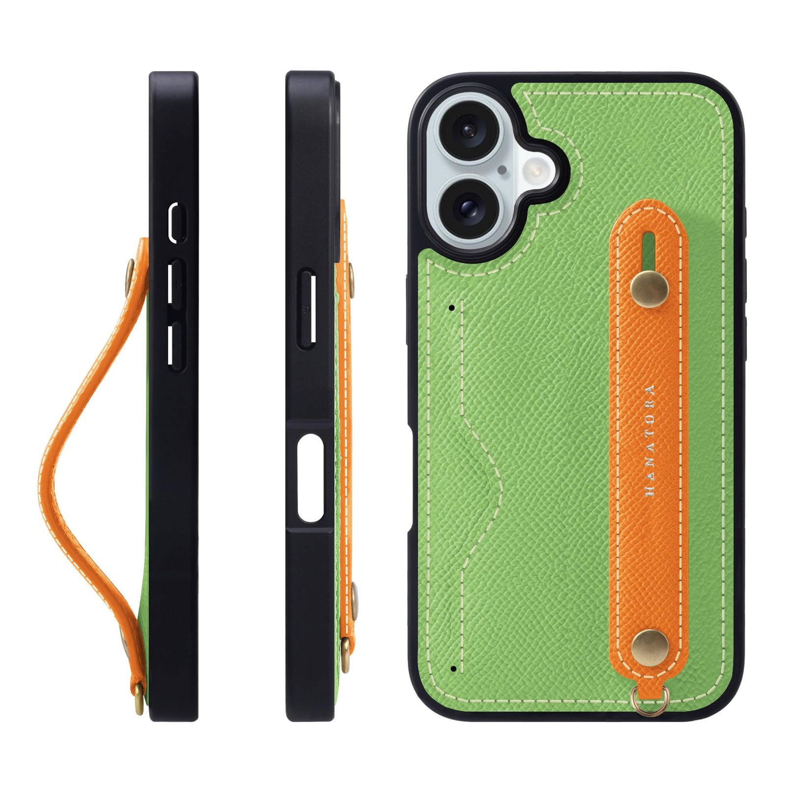 新品 HANATORA for iPhone 16Plus ケース 本革 耐衝撃 背面ベルト カードポケット スマホケース スマホ スタンド機能 ネック ストラップ 付き エンボスレザー ギフト マグネットなし ヴェールクリケット+オレンジ NCGH-16Pl