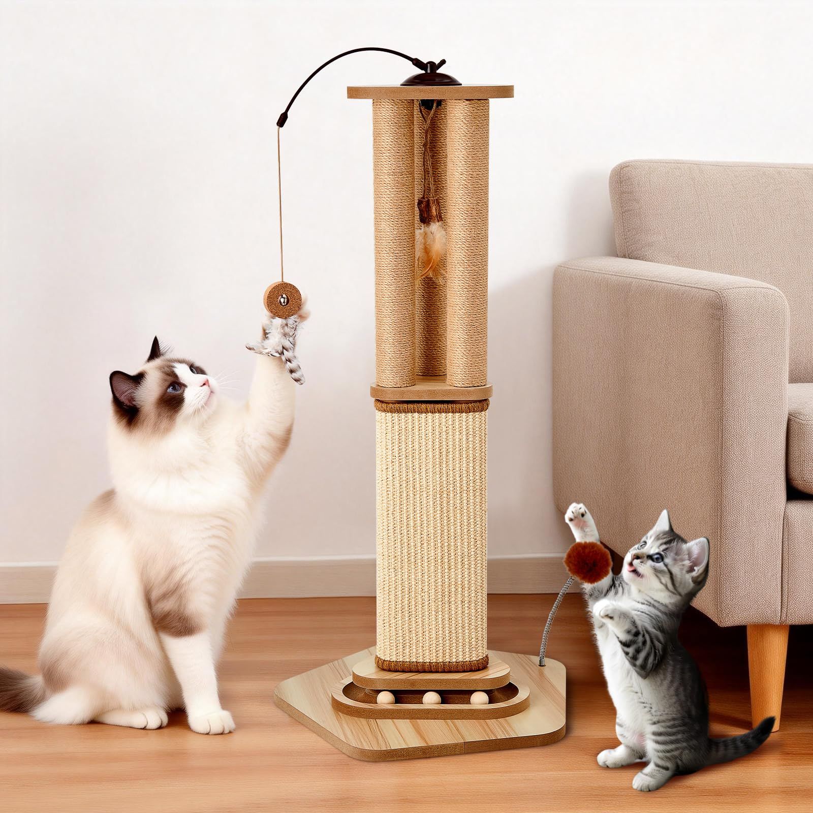 Odoland 86cm 猫爪とぎポール 2種類の天然サイザル麻 キャットスクラッチャー 知育玩具付き（360°回転羽猫じゃらし、回転ボール、スプリングポンポン）子猫、成猫、大型猫用おもちゃ