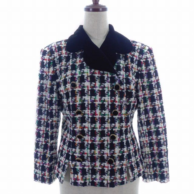 ハナエモリ HANAE MORI Boutique ジャケット テーラード ダブル 長袖 切替 べロア ツイード 9A3 黒 白 ブラック ホワイト アウター /AZ