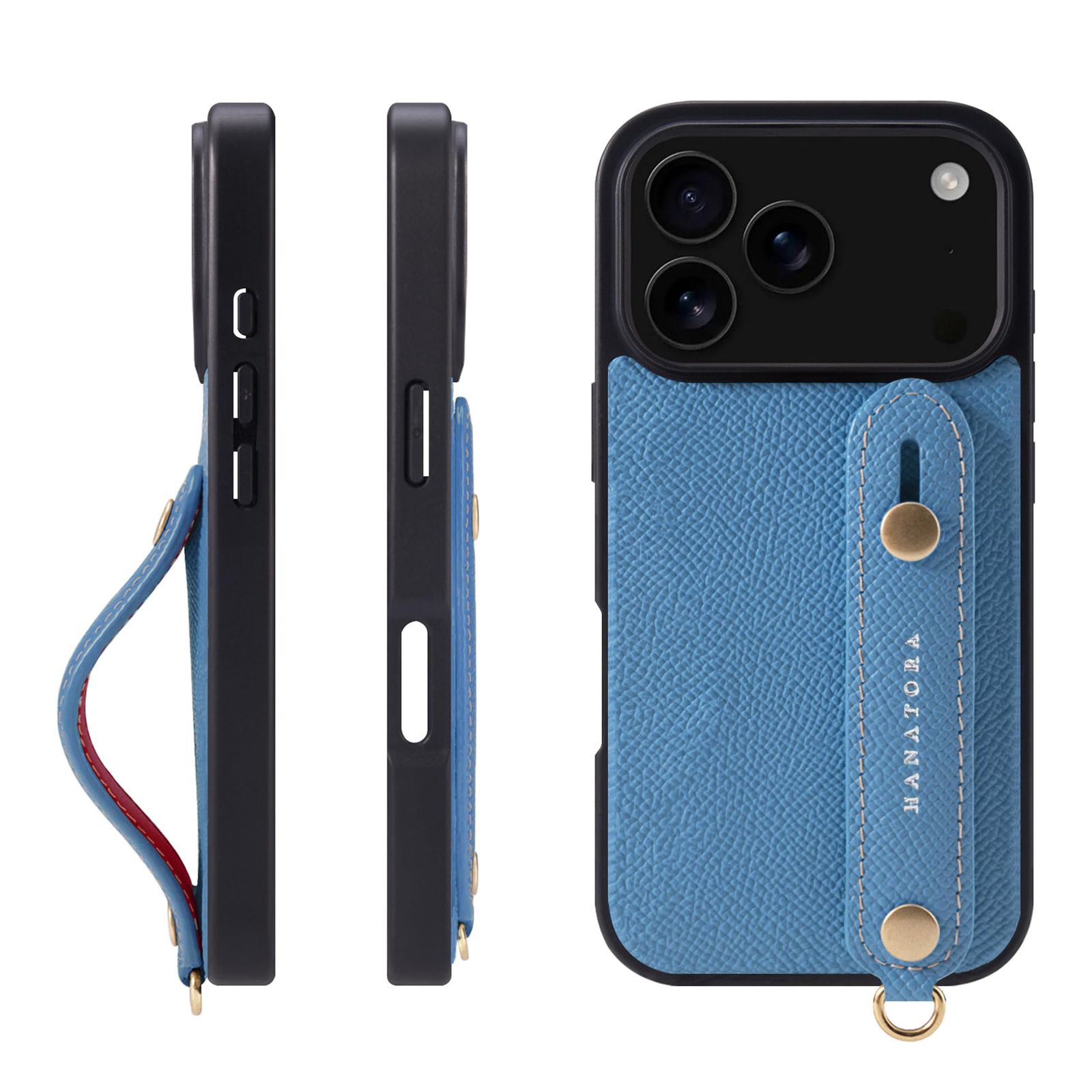 新品 HANATORA for iPhone 17Pro ケース 本革 耐衝撃 背面ベルト スマホケース スマホ スタンド機能 ネック ストラップ 付き エンボスレザー ギフト マグネットなし ブルー イドラ NGH-17Pro-Bluehydra