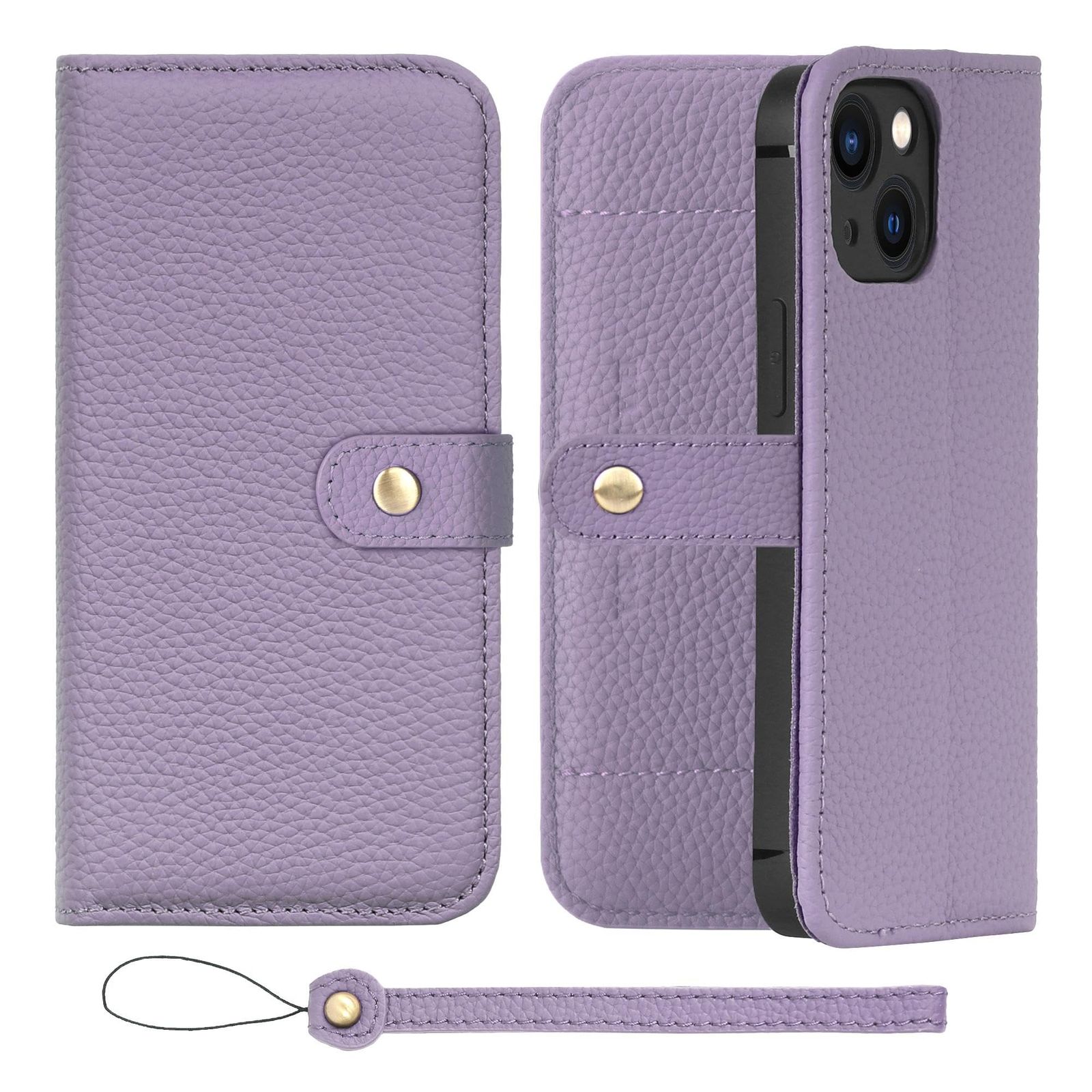 新品 HANATORA for iPhone 13mini ケース 手帳型 本革 スマホケース スマホ スタンド ストラップ 付き シュリンクカーフレザー ベルトあり マグネットなし パープル H1SPB-13mini-Purple ギフト 誕生日 女性 男性
