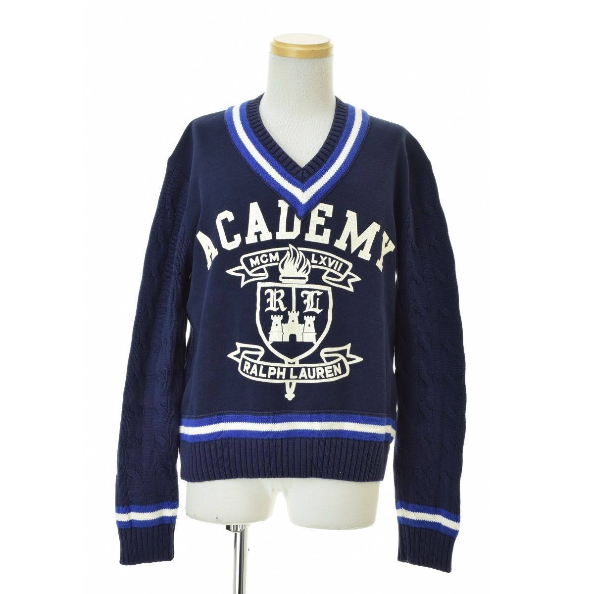 【POLORALPHLAUREN】スウェット切替ケーブルVネック長袖ニットセーター
