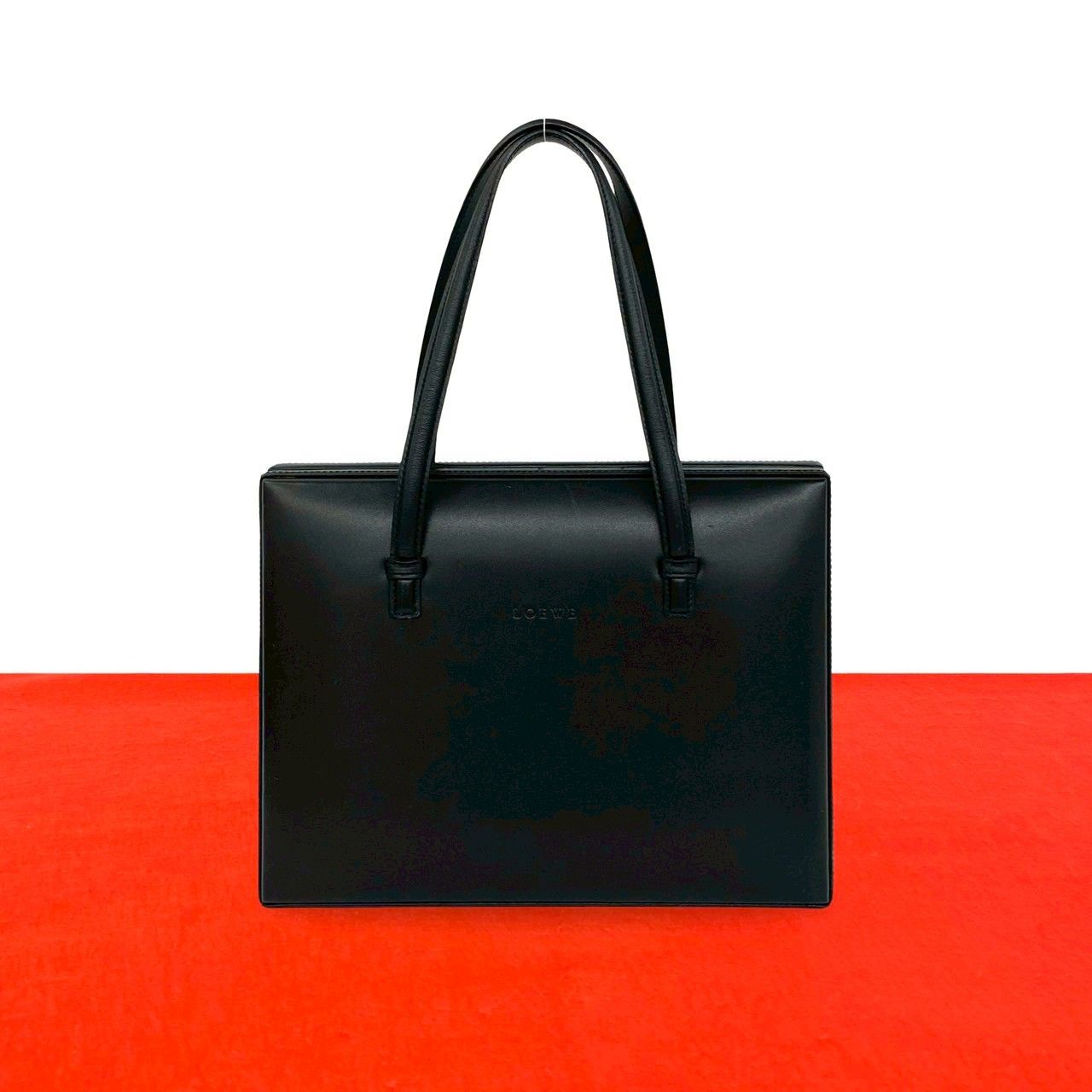 極 美品 LOEWE ロエベ ヴィンテージ ロゴ 型押し レザー 本革 ハンドバッグ ボストンバッグ トートバッグ ブラック 黒 レディース 20150