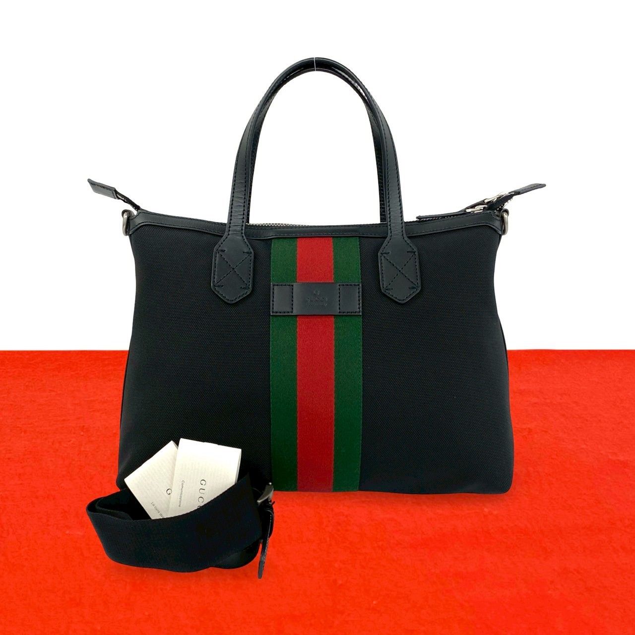 ほぼ未使用 GUCCI グッチ シェリーライン ロゴ ナイロン レザー 本革 2way ショルダーバッグ ハンドバッグ トートバッグ ブラック 26500